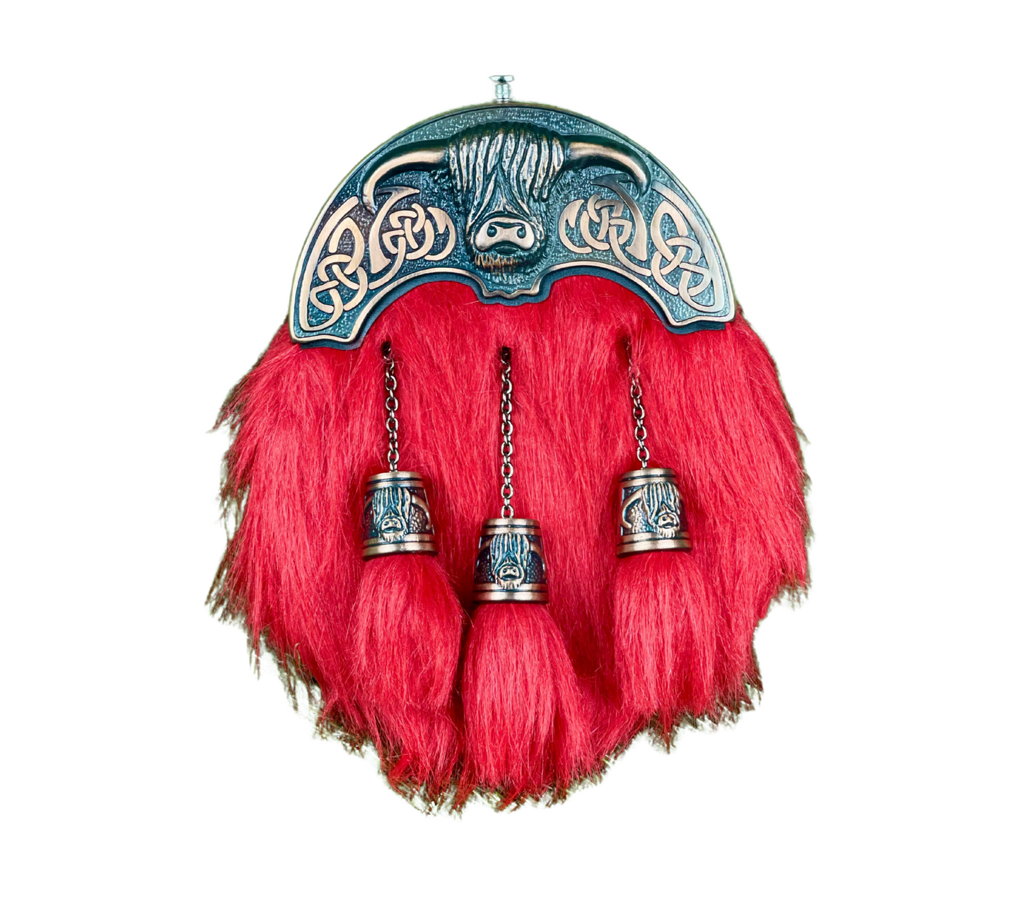 Highland Red Fur Sporran with Celtic Bull Design – Traditional Scottish Kilt Accessory
