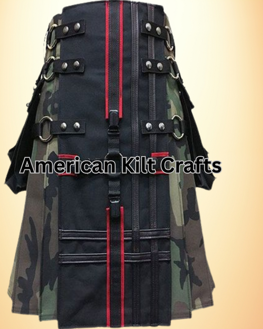 Black and Woodland Camo Gothic Utility Kilt with Detachable Apron