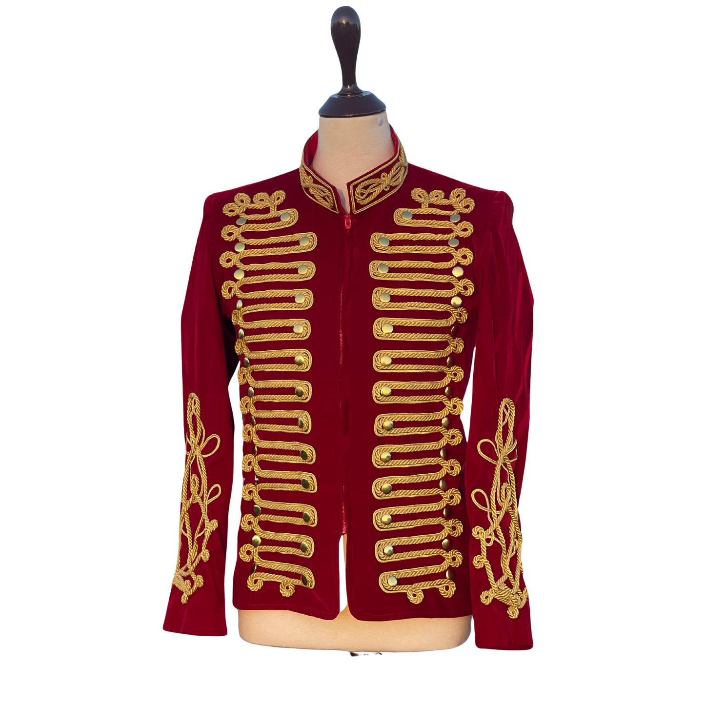 Men’s Red Velvet Military Hussar Jacket | Gold Braided Parade Uniform | Vintage Officer Band Jacket Coat