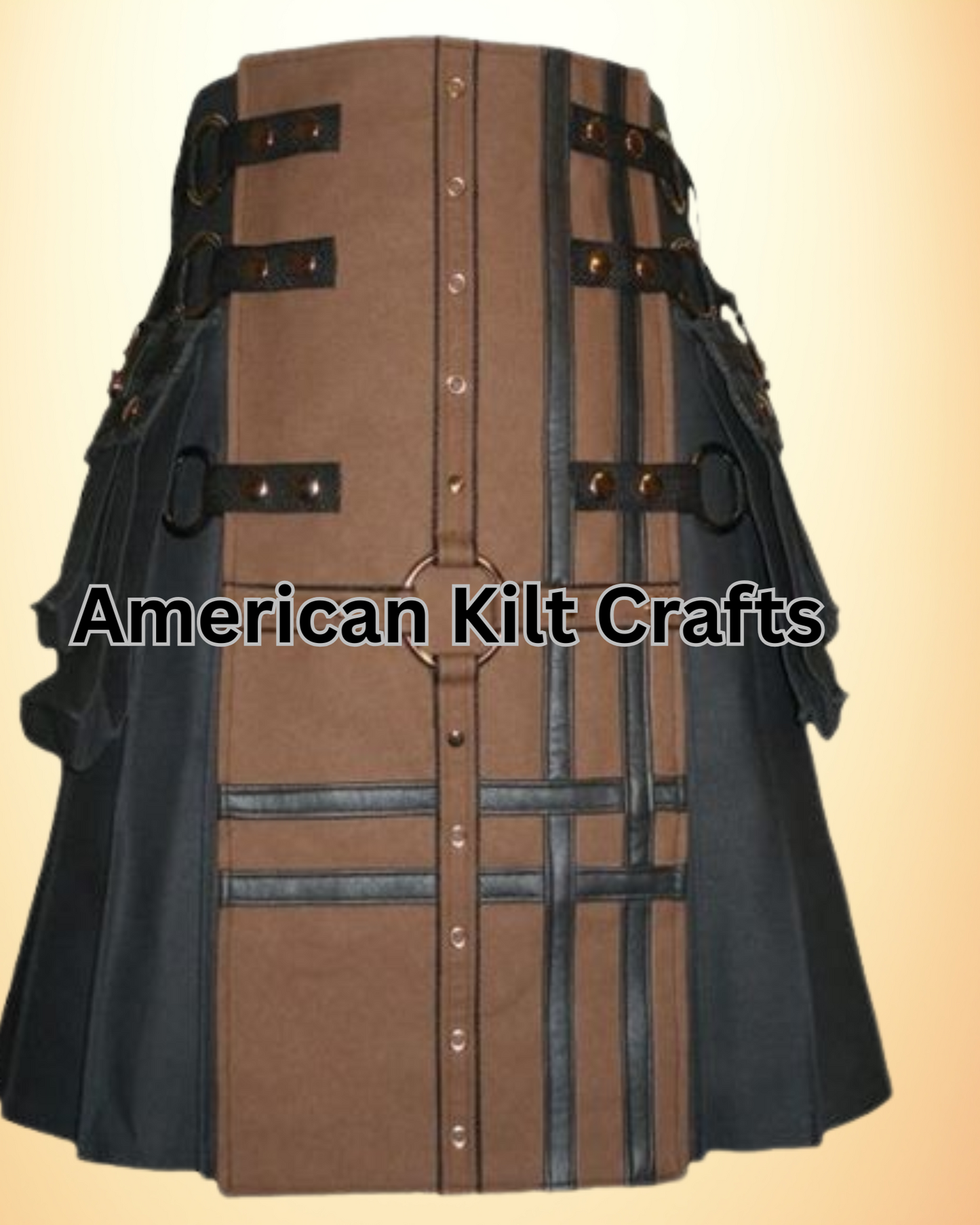Black and Brown Utility Kilt with Pockets and Buckle Straps