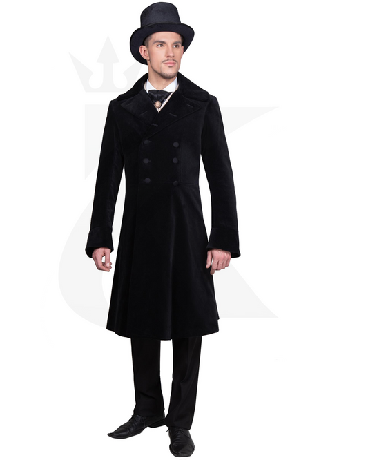 Men’s Victorian Gothic Tailcoat – Black Velvet Long Frock Coat for Steampunk, Vampire, and Halloween Costume