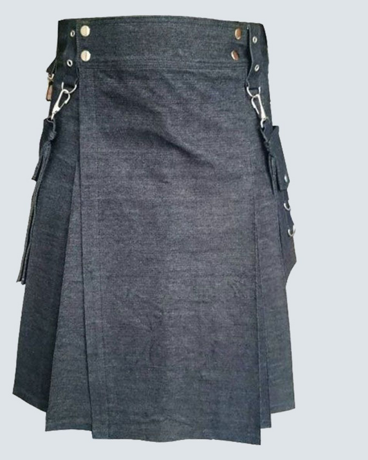 Dark Blue Tactical Denim Utility Kilt with Cargo Pockets & Metal Hooks