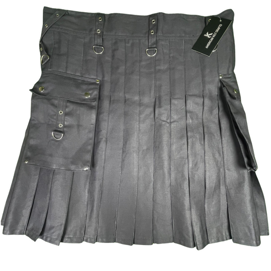 Men's Modern Utility Kilt - Black Denim Cotton Tactical Kilt with Pockets & D-Rings