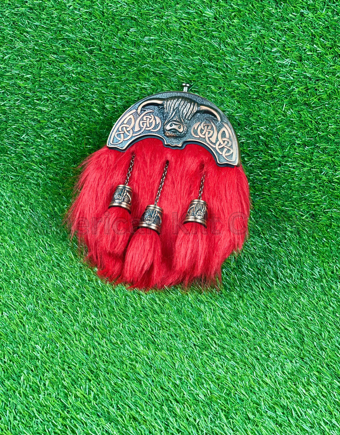 Highland Red Fur Sporran with Celtic Bull Design – Traditional Scottish Kilt Accessory