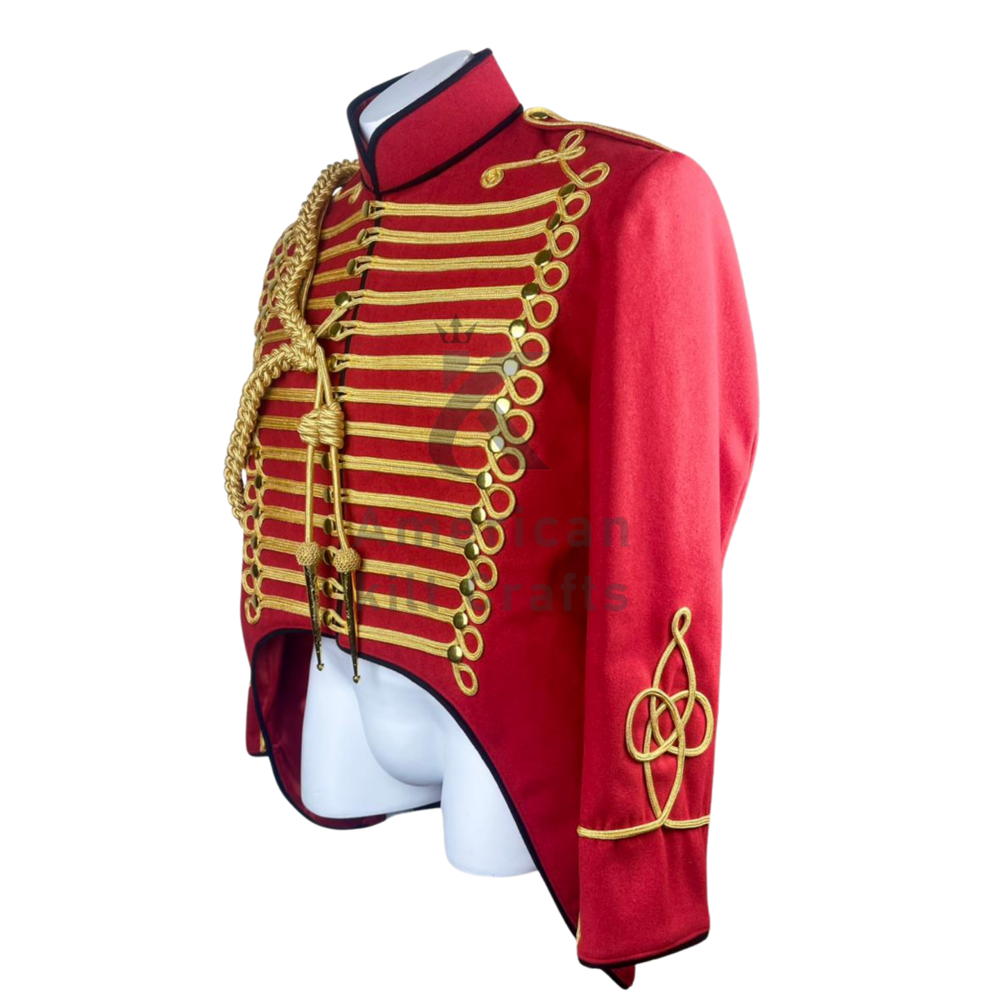 Red British Hussar Tailcoat Jacket – Men’s Military Officer Steampunk Uniform Coat with Gold Braid