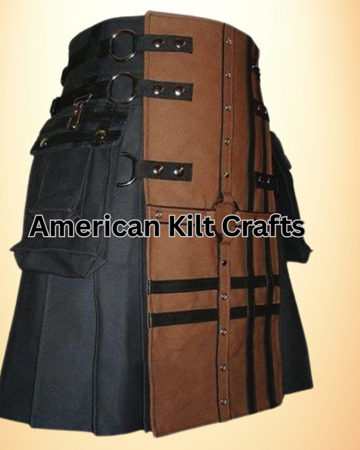 Black and Brown Utility Kilt with Pockets and Buckle Straps