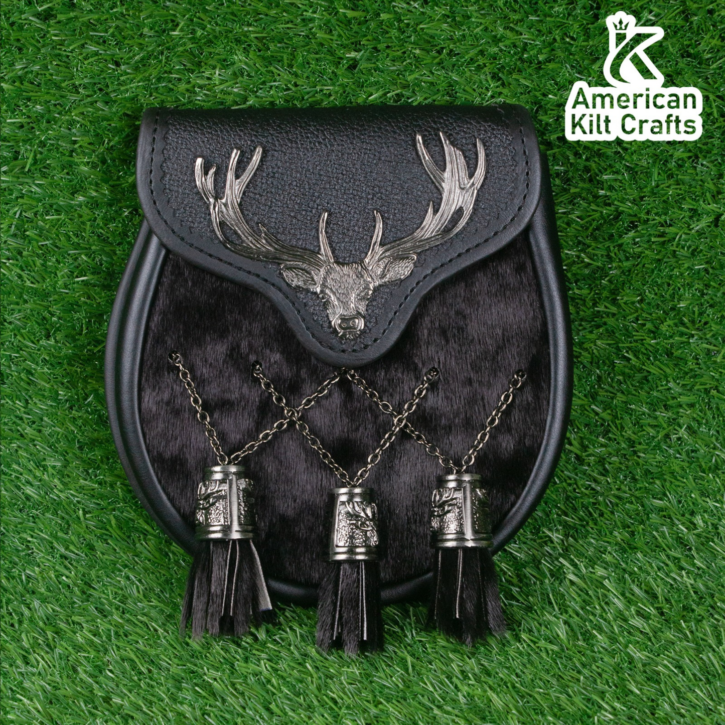 Highland Black Fur Sporran with Stag Emblem – Celtic Kilt Accessory