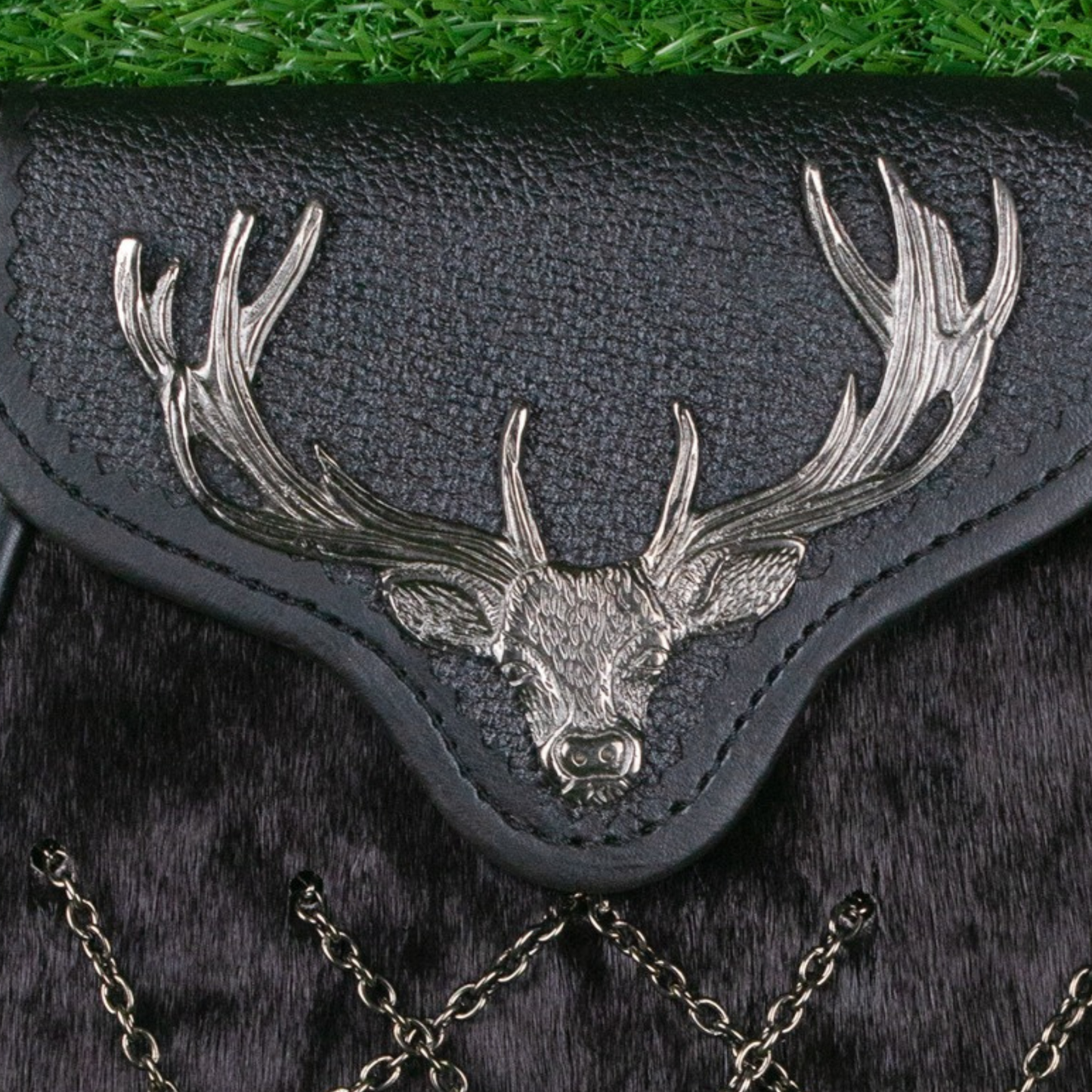 Highland Black Fur Sporran with Stag Emblem – Celtic Kilt Accessory