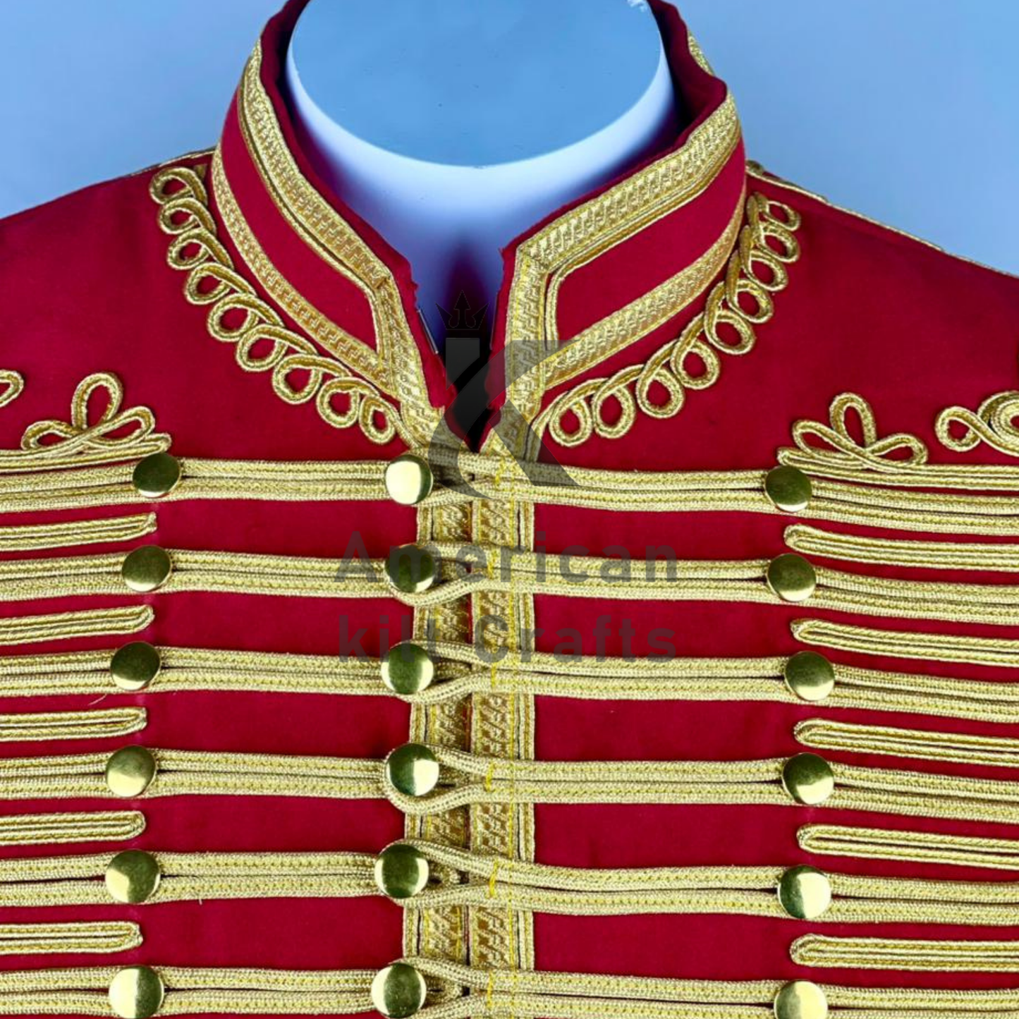 Men’s Red Hussar Jacket – Napoleonic Military Costume with Elaborate Gold Braiding
