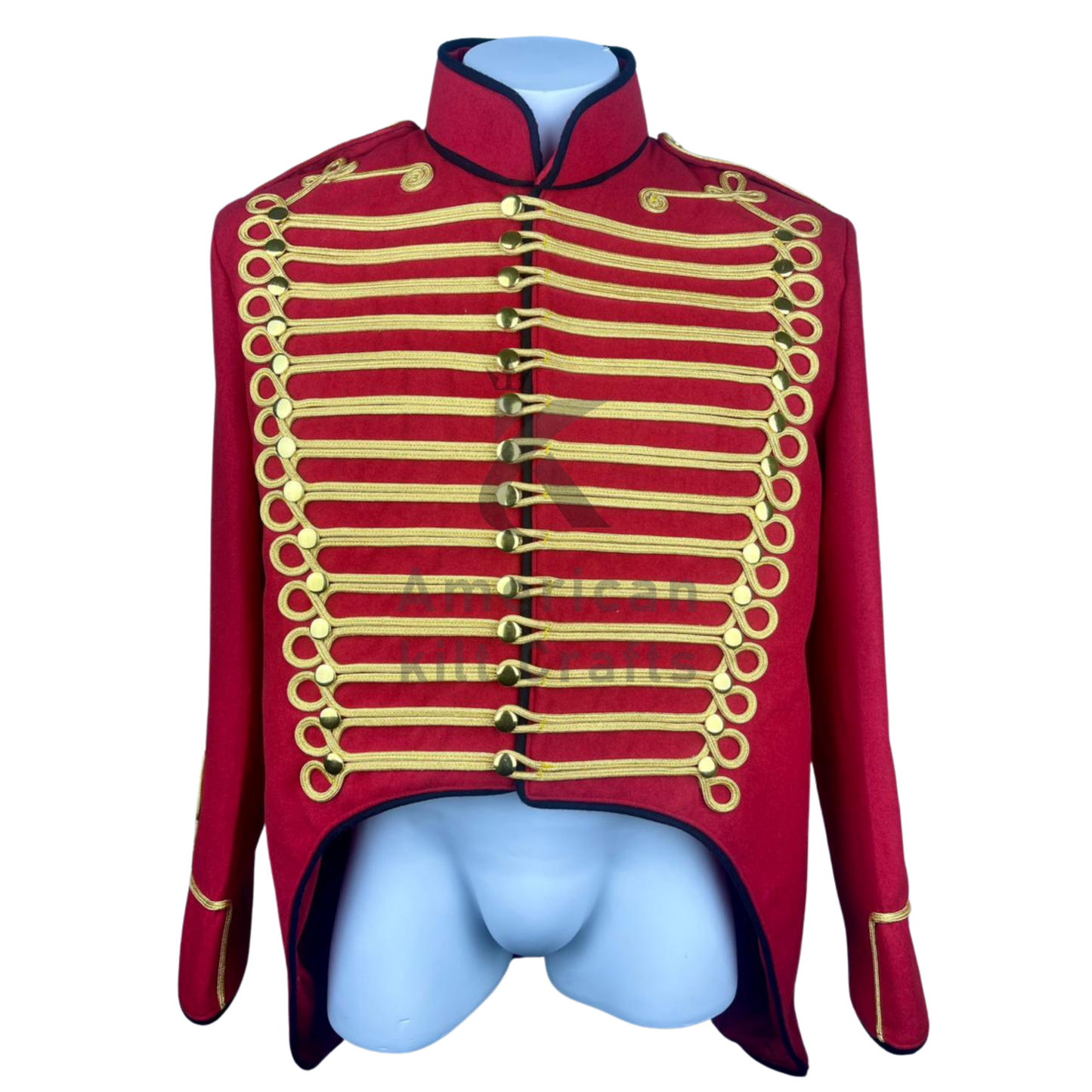 Red British Hussar Tailcoat Jacket – Men’s Military Officer Steampunk Uniform Coat with Gold Braid