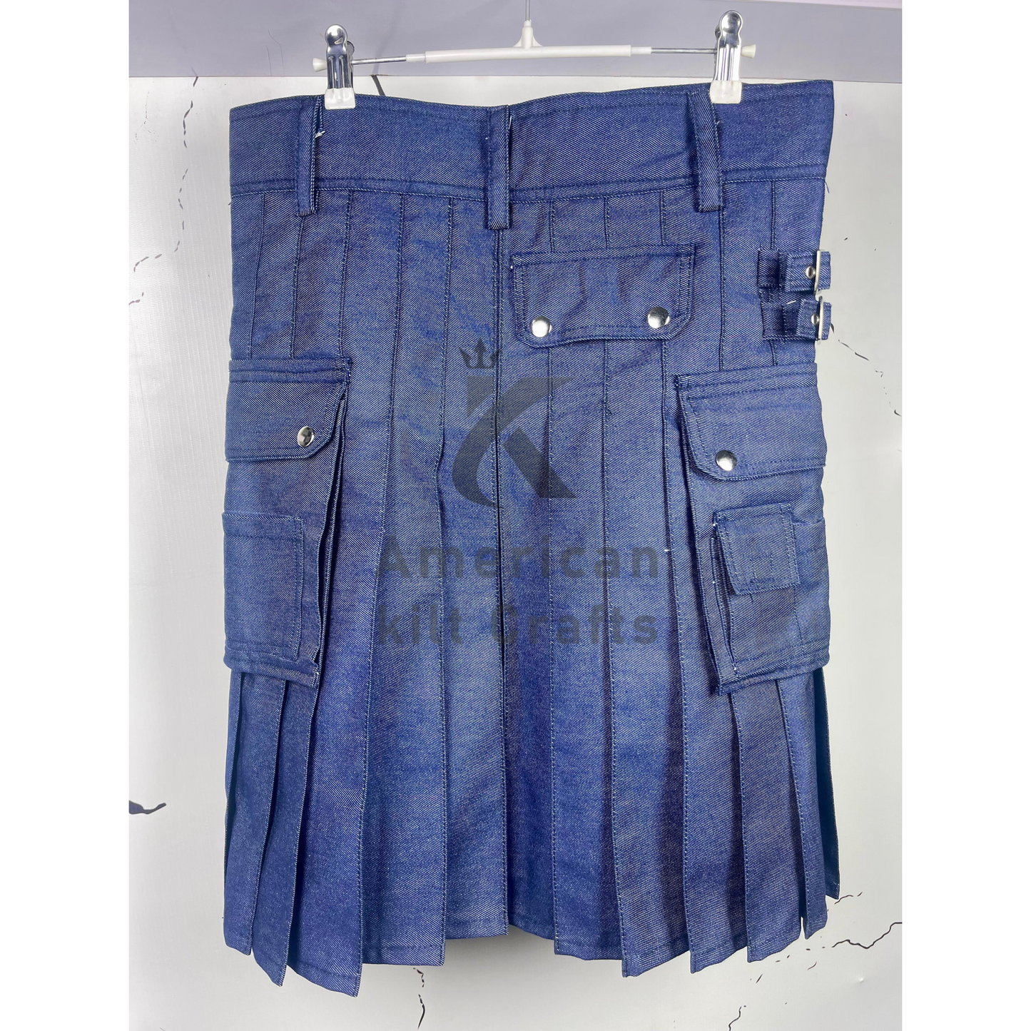 Men’s Blue Denim Utility Kilt – Modern Casual Jean Kilt with Side Pockets – Stylish Denim Workwear Kilt for Men
