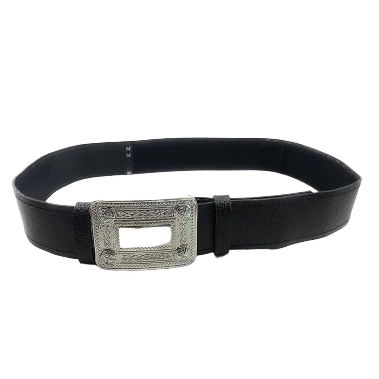 Black Leather Plain Scottish Highland Kilt Belt With Celtic Design Chrome Buckle