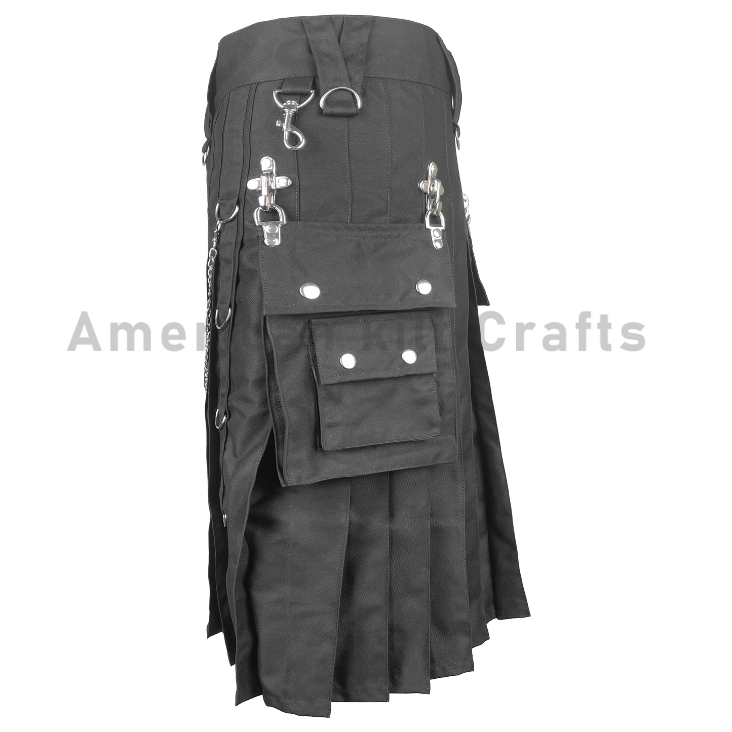 Black Utility Kilt for Men - Gothic Punk Kilt with Chains & Cargo Pockets | Tactical Streetwear Kilt