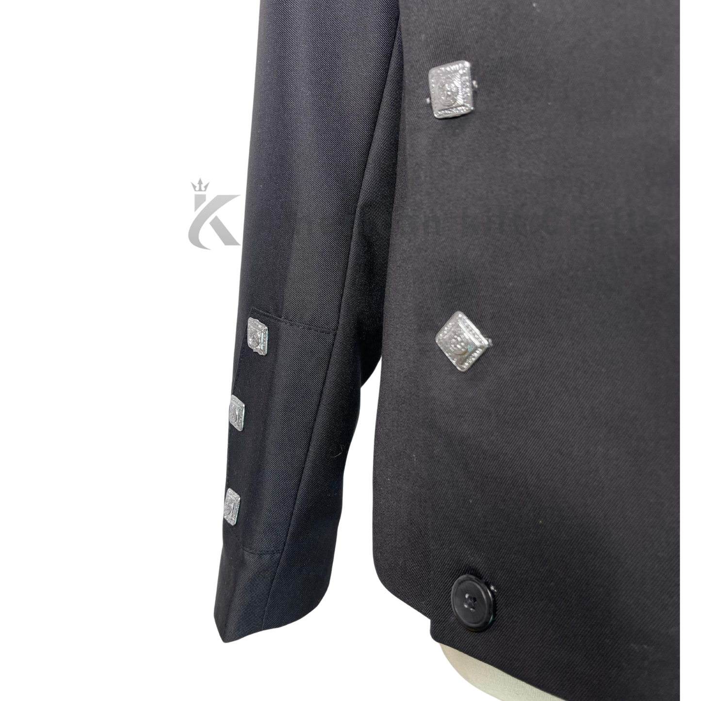 Close up of Montrose doublet jacket buttons and fabric, premium Scottish kilt jacket, double breasted formal wear details