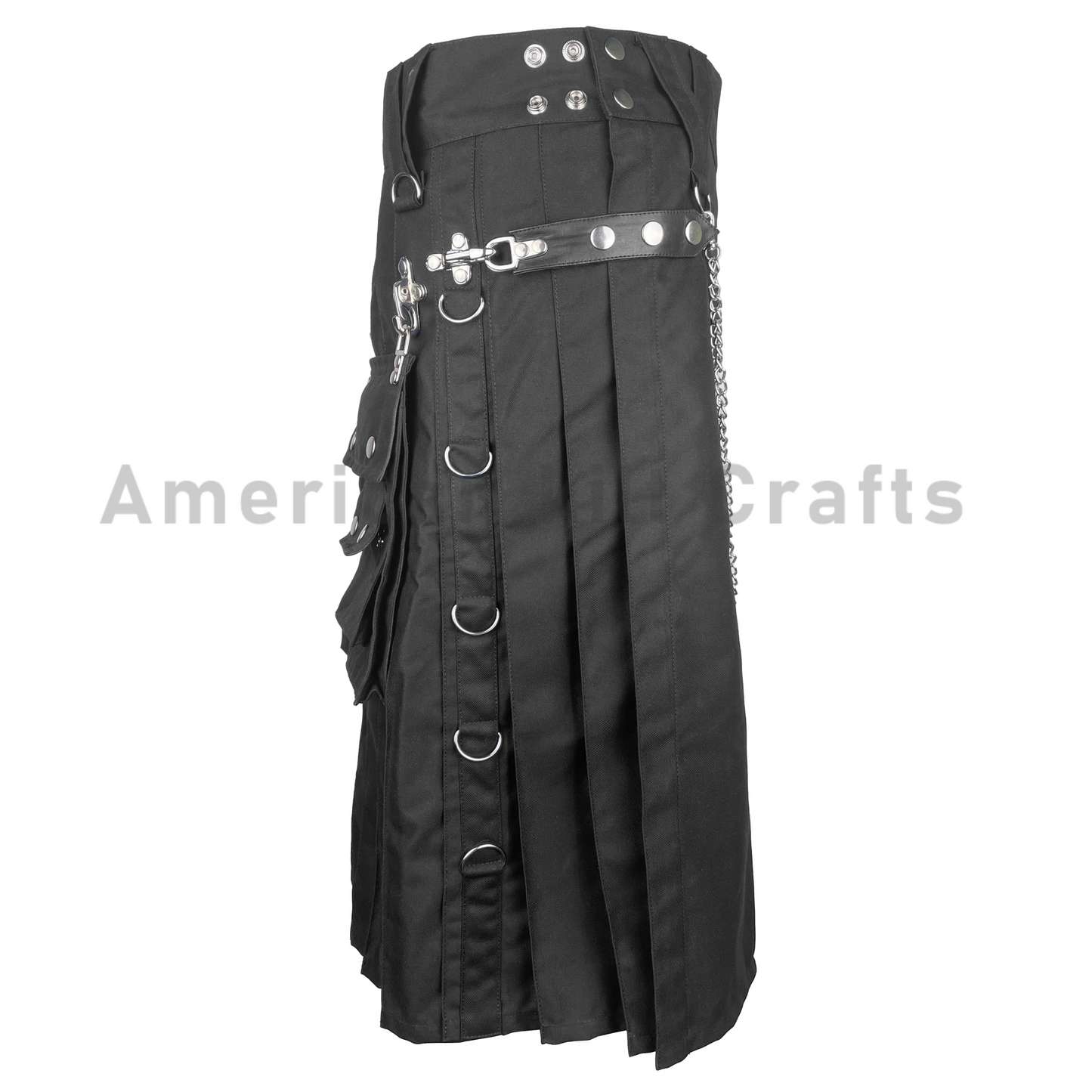 Black Utility Kilt for Men - Gothic Punk Kilt with Chains & Cargo Pockets | Tactical Streetwear Kilt