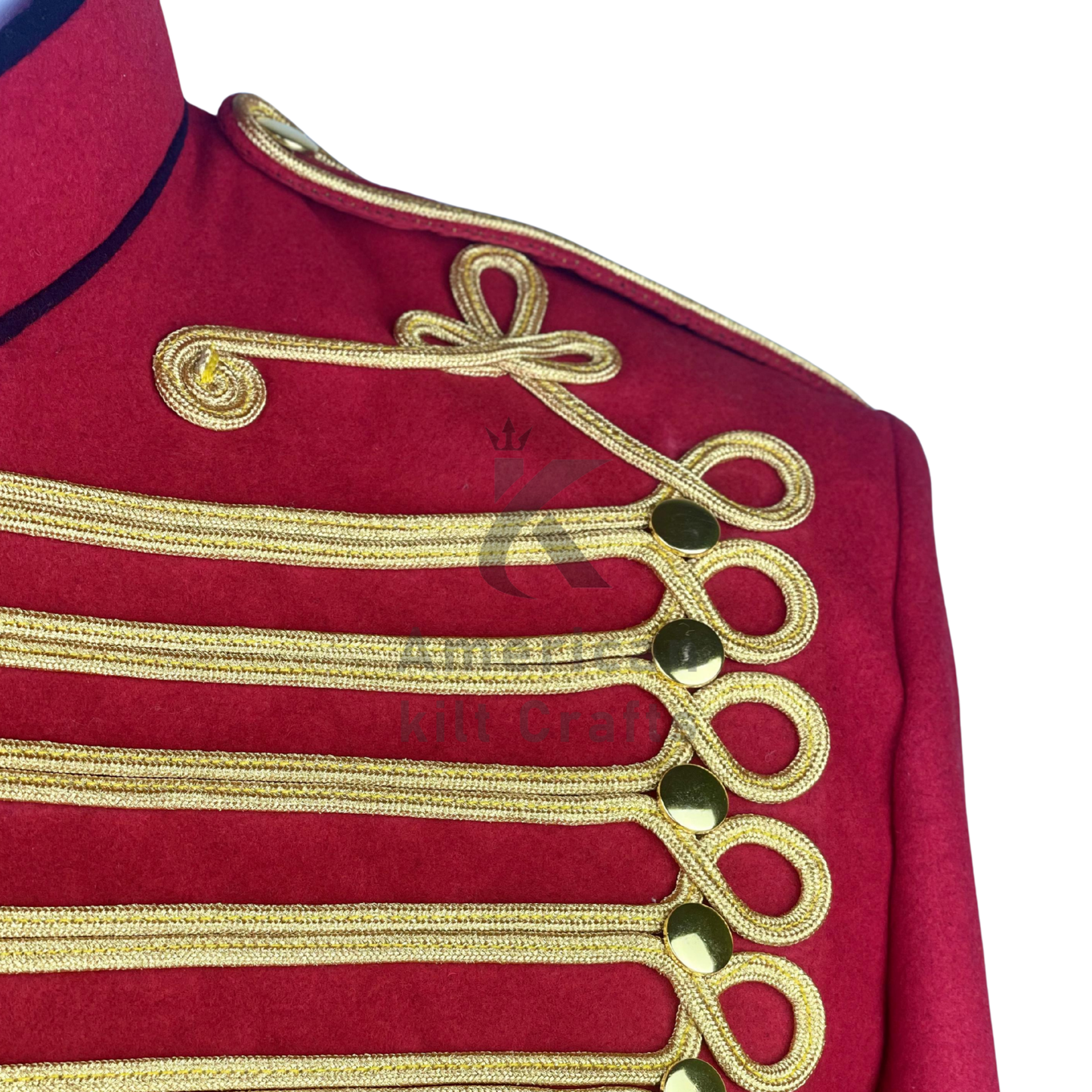 Red British Hussar Tailcoat Jacket – Men’s Military Officer Steampunk Uniform Coat with Gold Braid