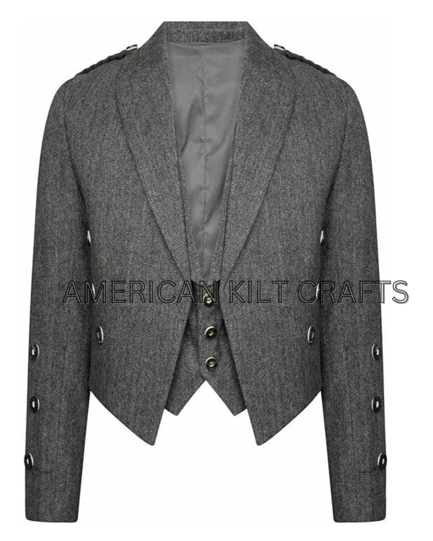 Highland Men Traditional Scottish Gray Tweed Prince Charlie Jacket with Vest