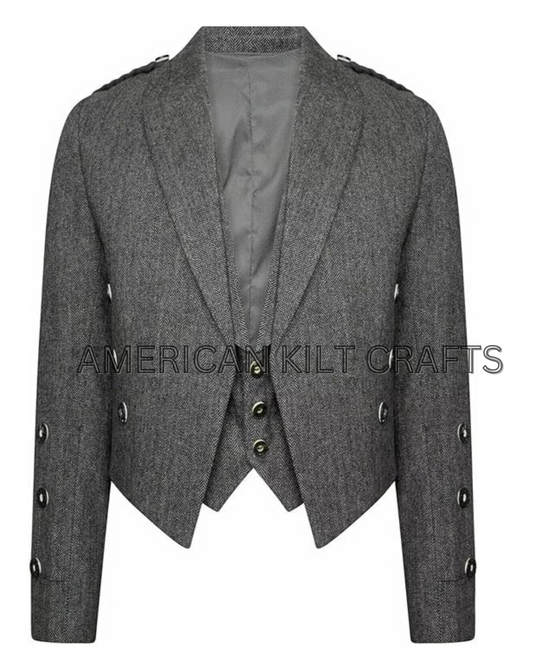 Highland Men Traditional Scottish Gray Tweed Prince Charlie Jacket with Vest