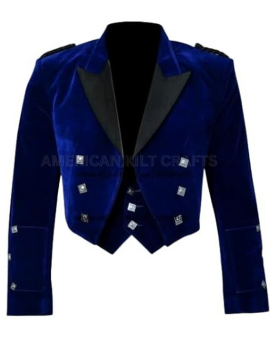 Scottish Traditional Premium Quality Blue Velvet Prince Charlie Kilt Jacket With Waistcoat