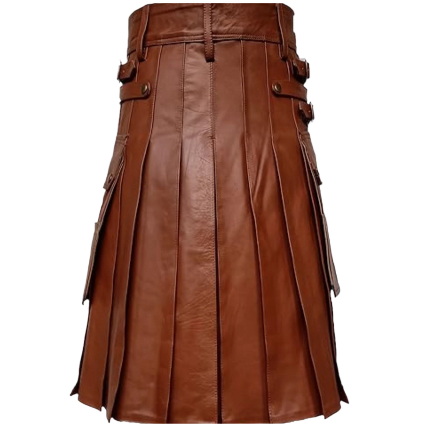 Men’s Brown Leather Utility Kilt – Gothic Biker Kilt with Cargo Pockets & Sporran