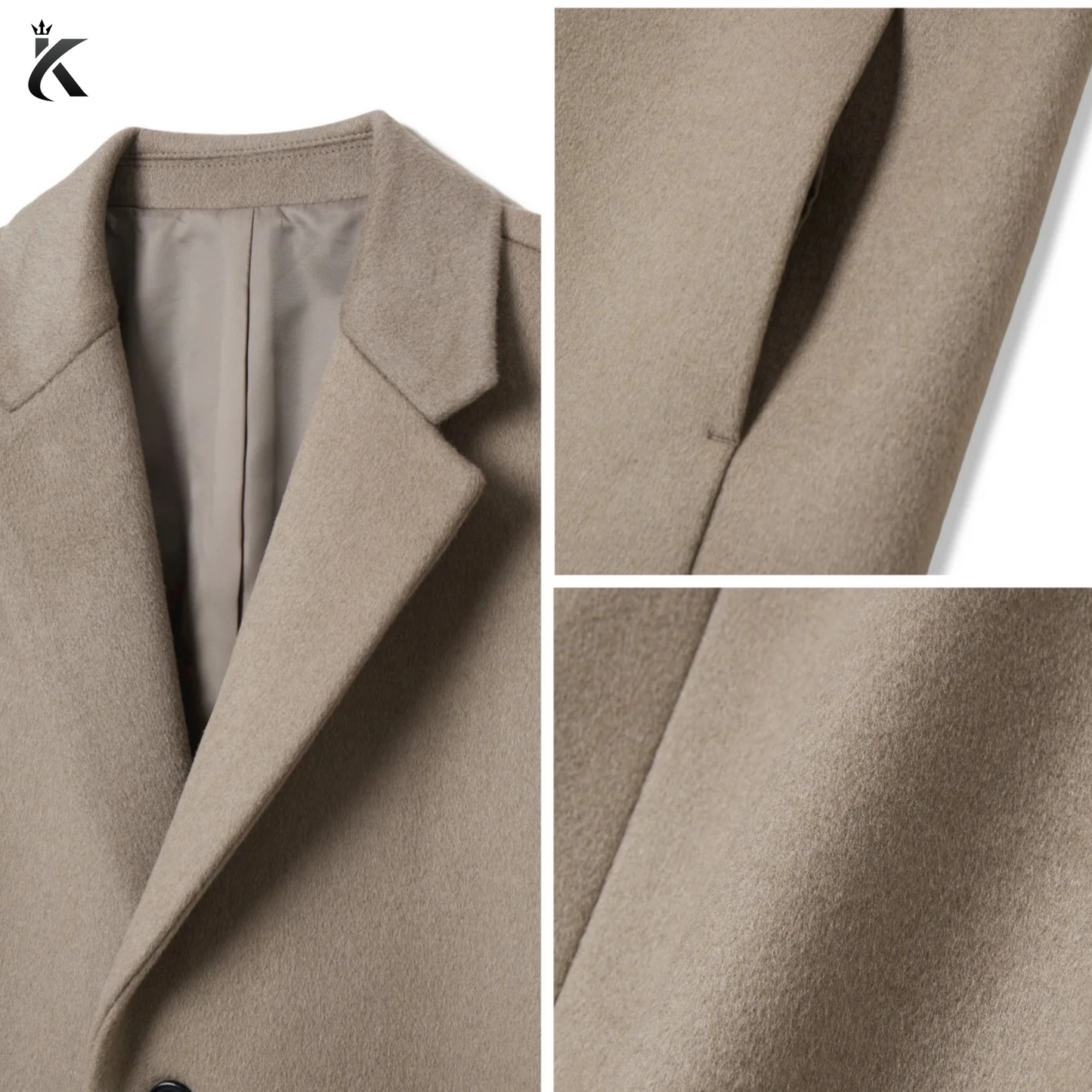 Men's Chesterfield Long Overcoat Wool & Cashmere Warm Winter Single Breasted Coat - Ash Beige and Black Trench Coat