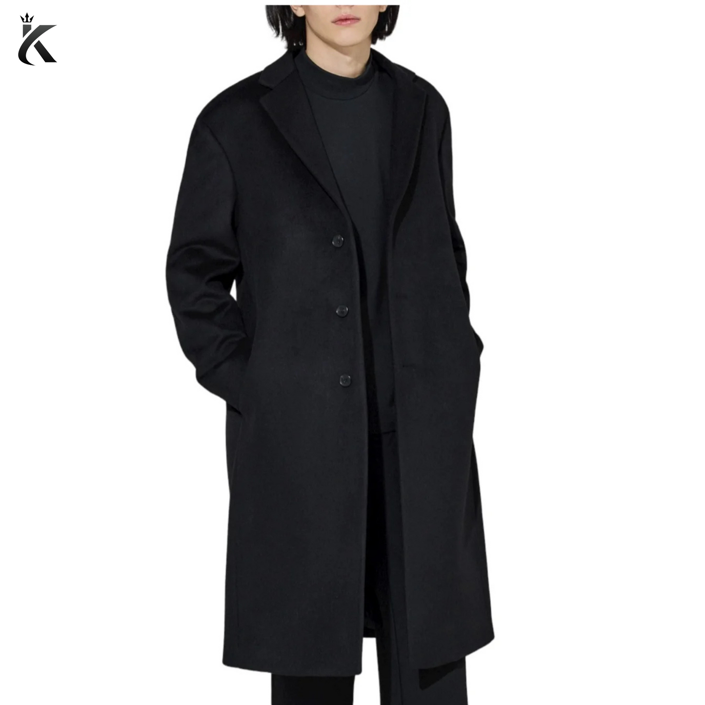 Men's Chesterfield Long Overcoat Wool & Cashmere Warm Winter Single Breasted Coat - Ash Beige and Black Trench Coat