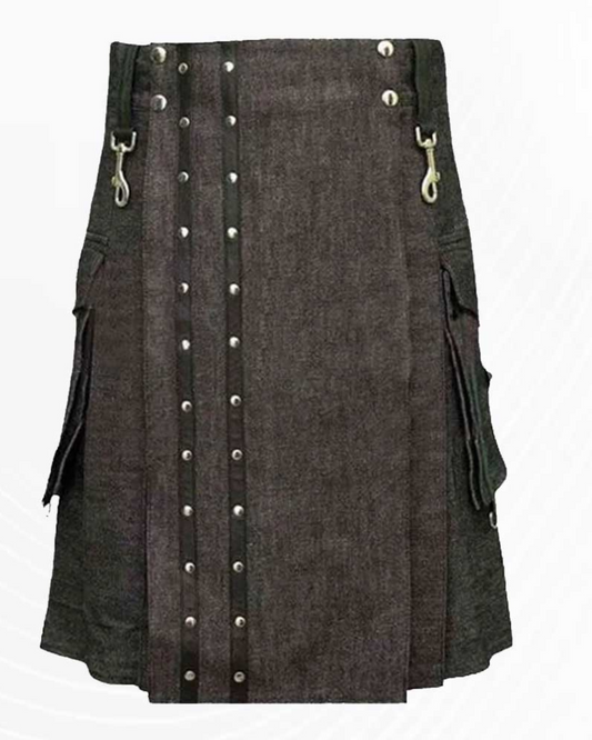 Premium Scottish Modern Denim Kilt With Straps