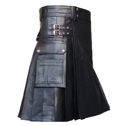 Men’s Black Leather Utility Kilt – Gothic Biker Style with Side Pocket