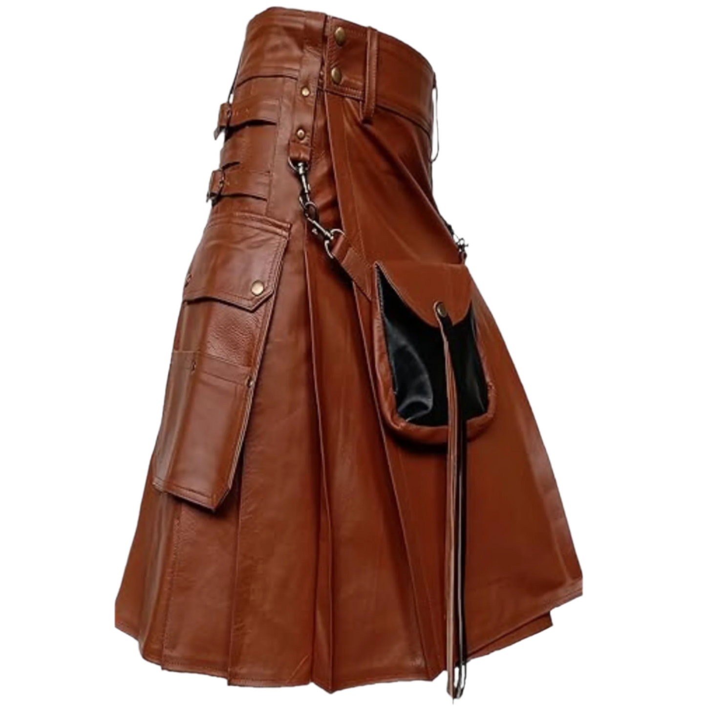 Men’s Brown Leather Utility Kilt – Gothic Biker Kilt with Cargo Pockets & Sporran