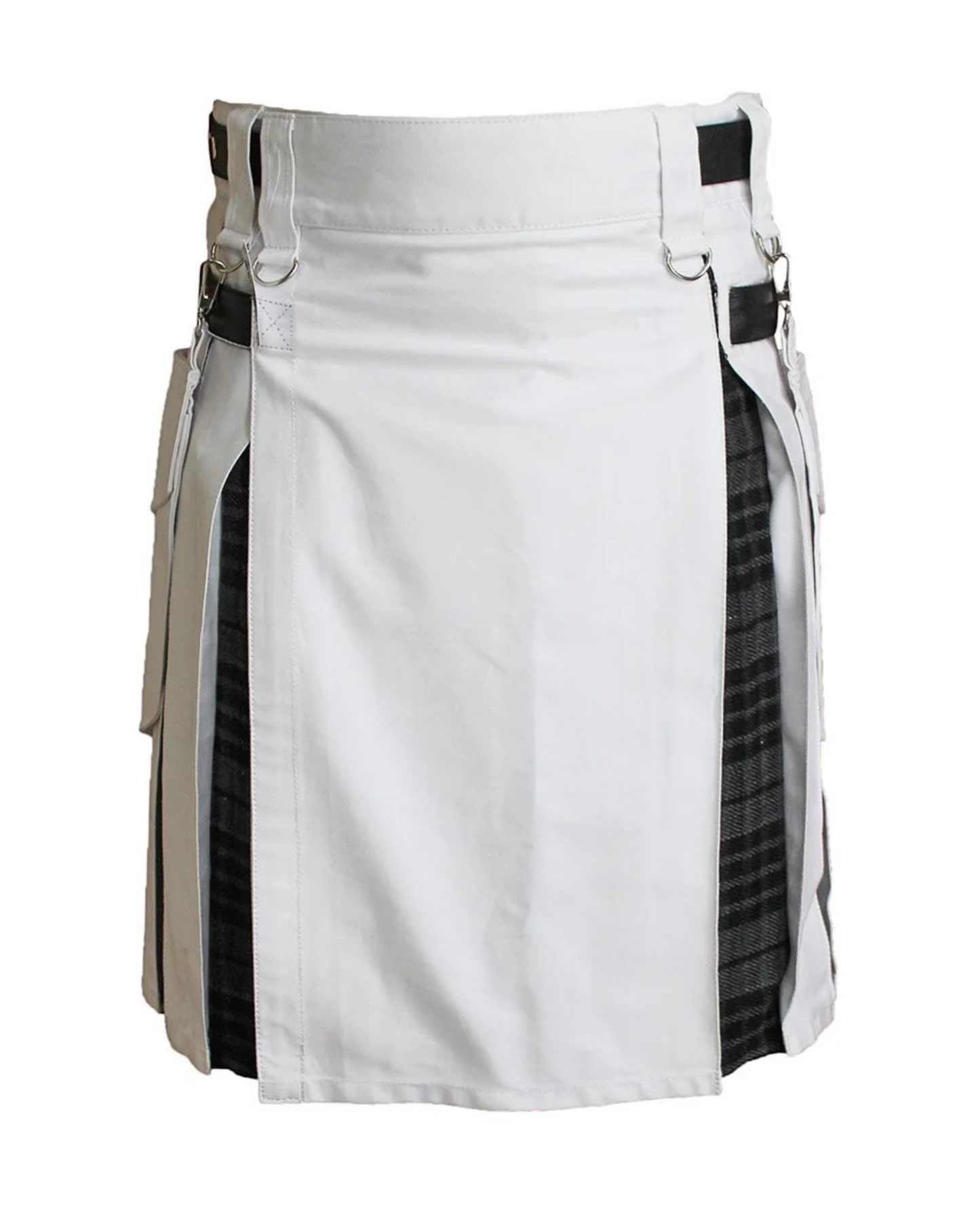 White Hybrid Utility Kilt with Tartan Pleats