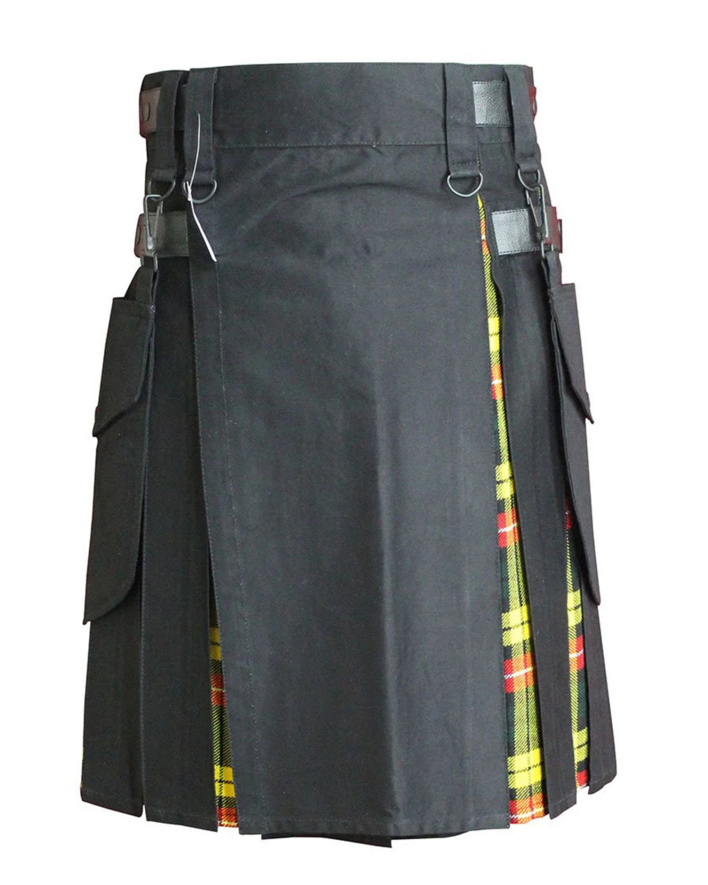 Black Hybrid Utility Kilt with Yellow MacLeod Tartan Pleats
