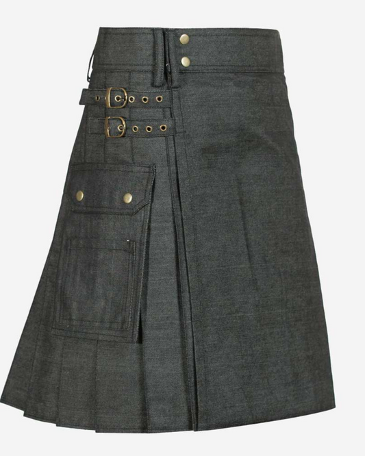 Custom Handmade Denim Black Scottish Utility Kilt - Redefining Comfort and Functionality