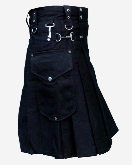 Custom Quality Black Utility Kilt With Chrome Hooks - Step into the Future of Fashion