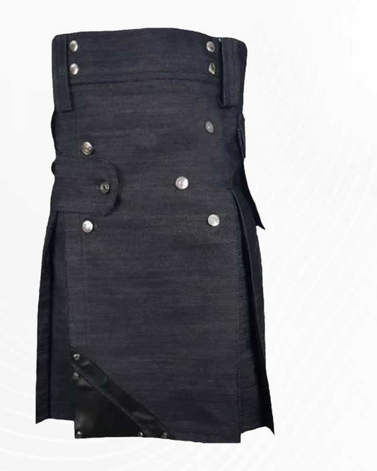 Premium Scottish Modern Denim Kilt With Leather Strap