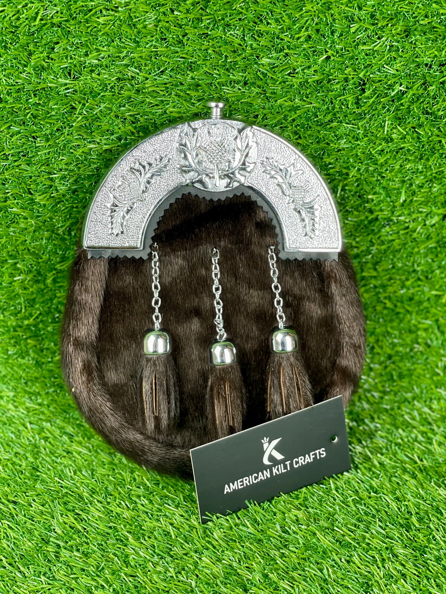 Dark Fur Scottish Dress Sporran with Silver Cantle & 3 Tassels – Kilt Accessory
