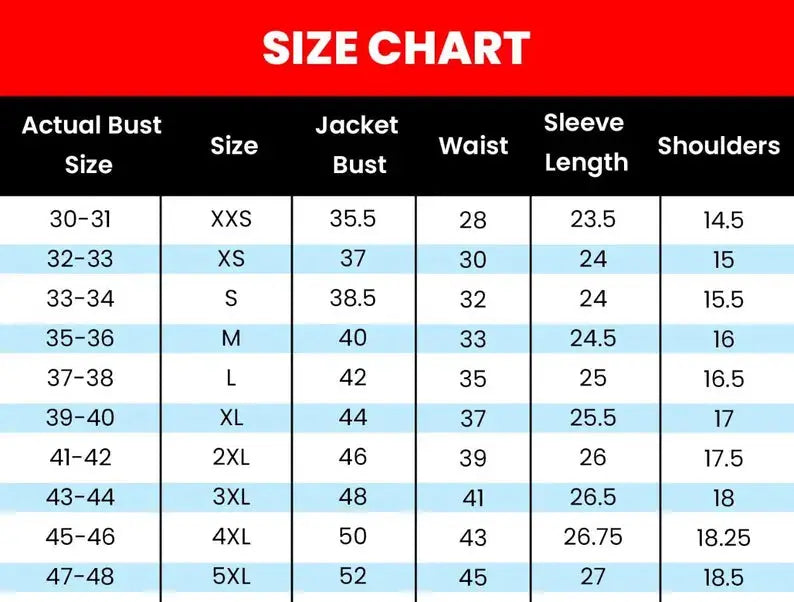 A size chart table with a red header reading 'SIZE CHART' and columns for Actual Bust Size, Size, Jacket Bust, Waist, Sleeve Length, and Shoulders, listing bust measurements from XXS to 5XL.