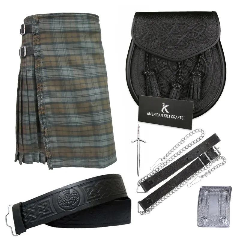 Black Watch Weathered Scottish Traditional 8 Yard Tartan Value Kilt Set