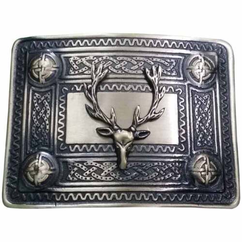 Antique-Style Highland Kilt Belt Buckle with Embossed Stag and Celtic Borders