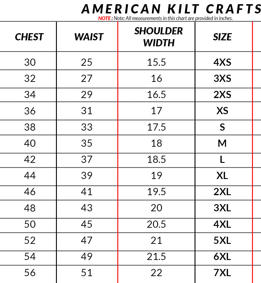 Men’s scarlet wool British military tunic size chart with chest, waist, shoulder, sleeve, and jacket-length measurements.