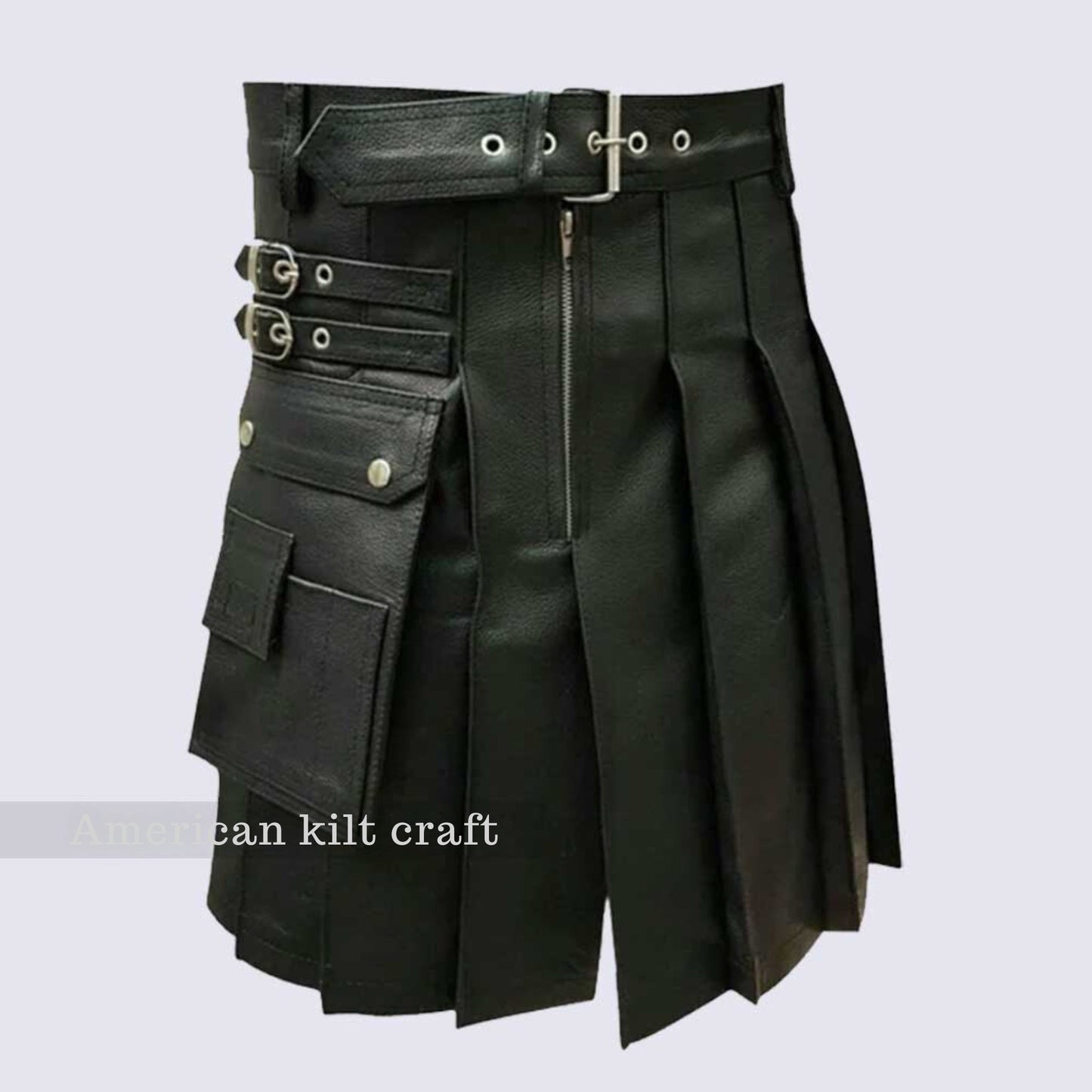 Premium Scottish Handcrafted Black Leather Armored Kilt - Made to order