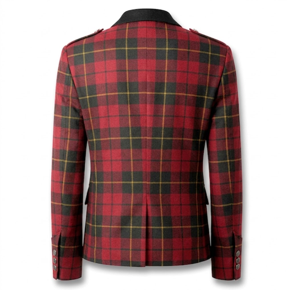 Back view of men’s Argyll tweed kilt jacket showing structured fit and traditional Scottish design in premium wool