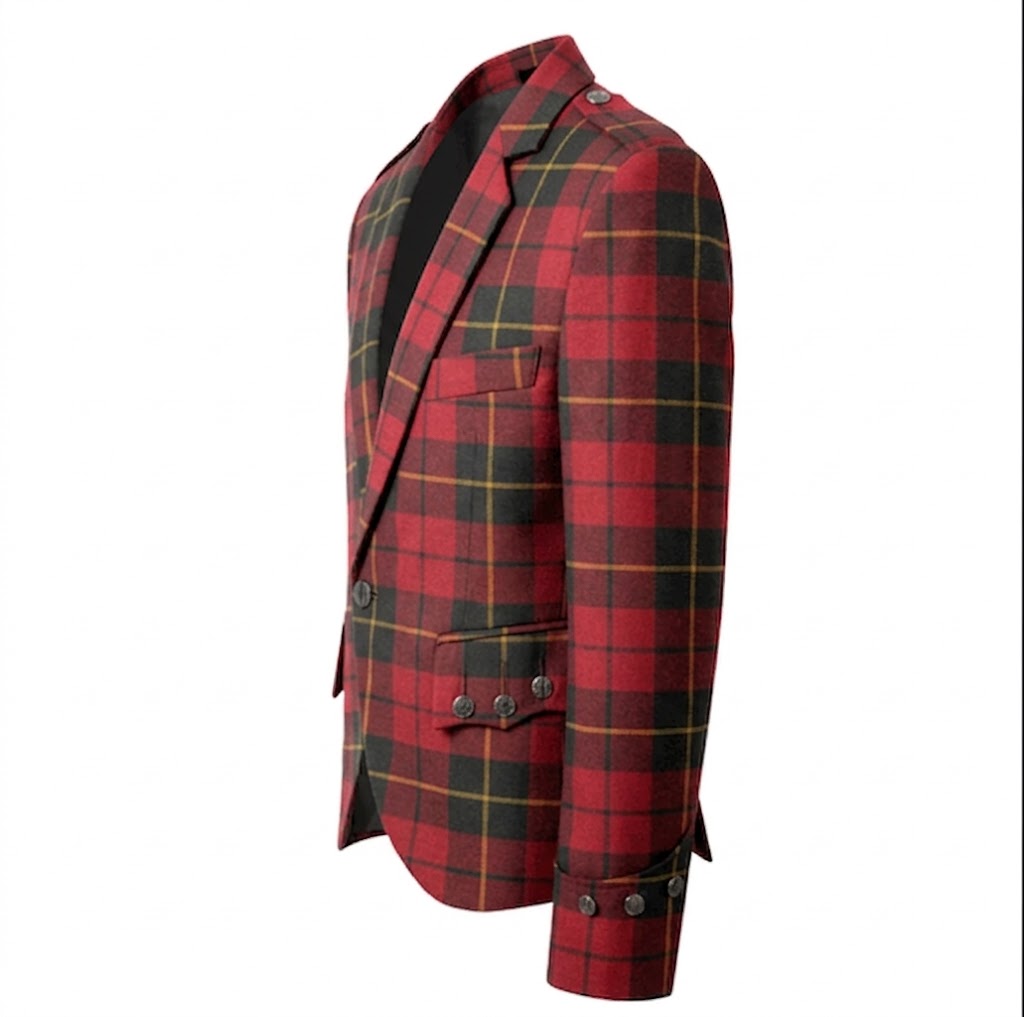 Side view of premium Argyll tweed kilt jacket for men highlighting tailored silhouette and classic notch lapels