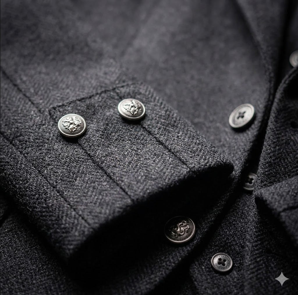 Close-up of tweed wool fabric texture on men’s Argyll kilt jacket showing premium quality material