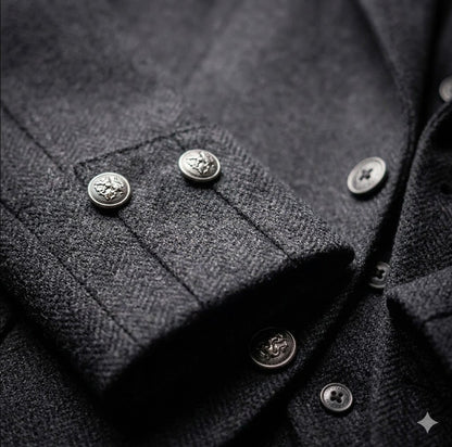 Close-up of tweed wool fabric texture on men’s Argyll kilt jacket showing premium quality material