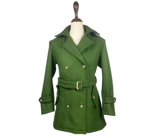 Women's Hooded Olive Green Wool Pea Coat – Double Breasted Winter Trench coat