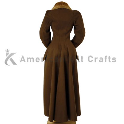 Back view of a men’s 1880s Victorian brown wool Ulster overcoat showing its full-length cut and structured fit.