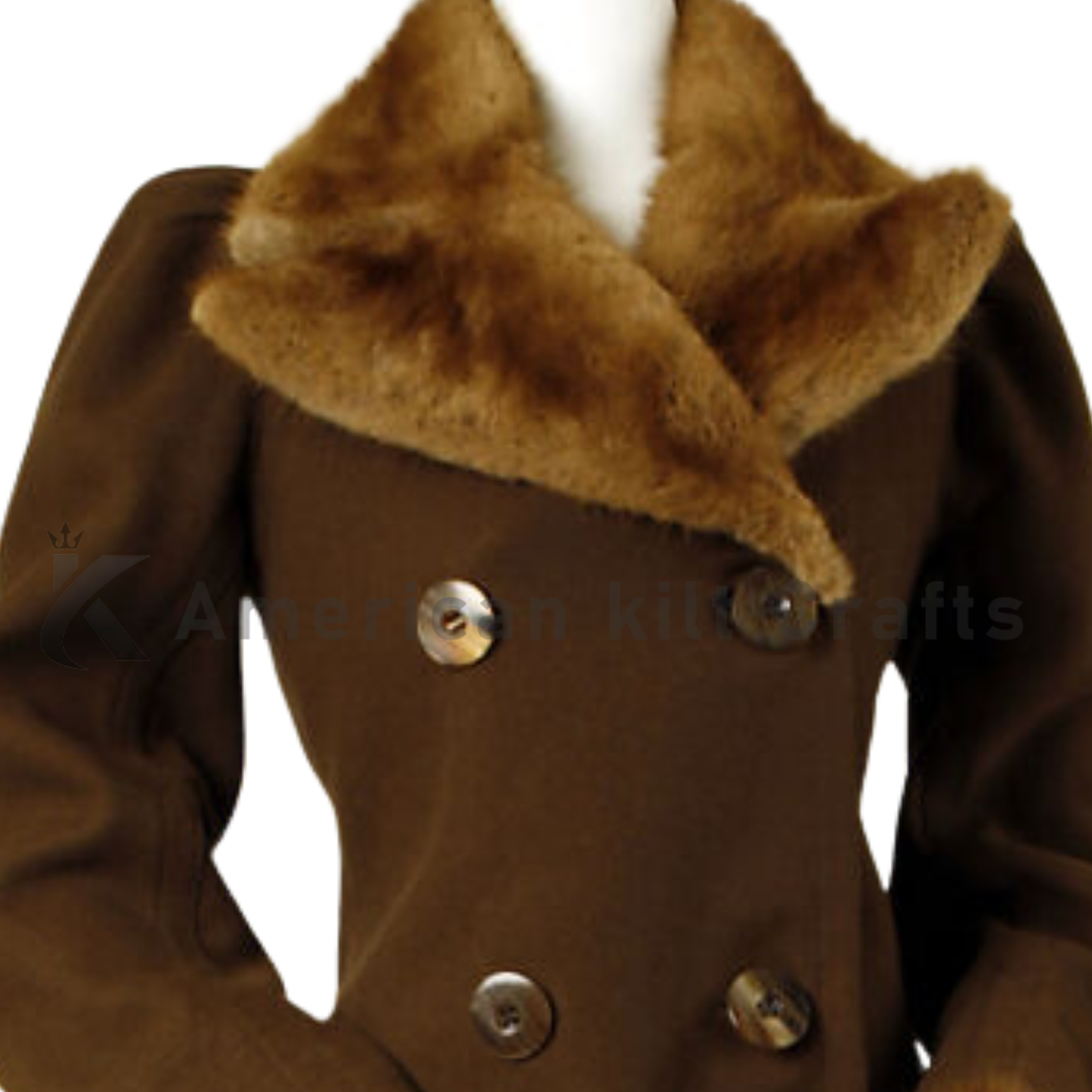 Close-up of the brown wool fabric, traditional collar, buttons and tailored details of the Victorian Ulster overcoat.