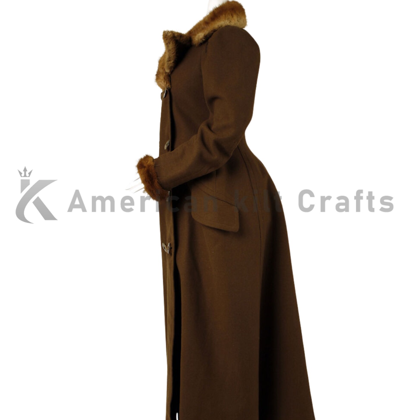 Side-angle view of a men’s full-length brown wool Victorian Ulster overcoat with a classic tailored silhouette.