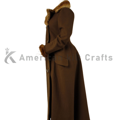 Side-angle view of a men’s full-length brown wool Victorian Ulster overcoat with a classic tailored silhouette.