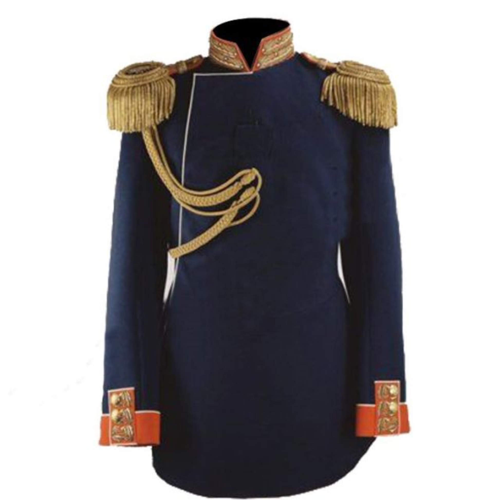 1896-inspired navy ceremonial military coat with gold embroidery and aiguillette front view